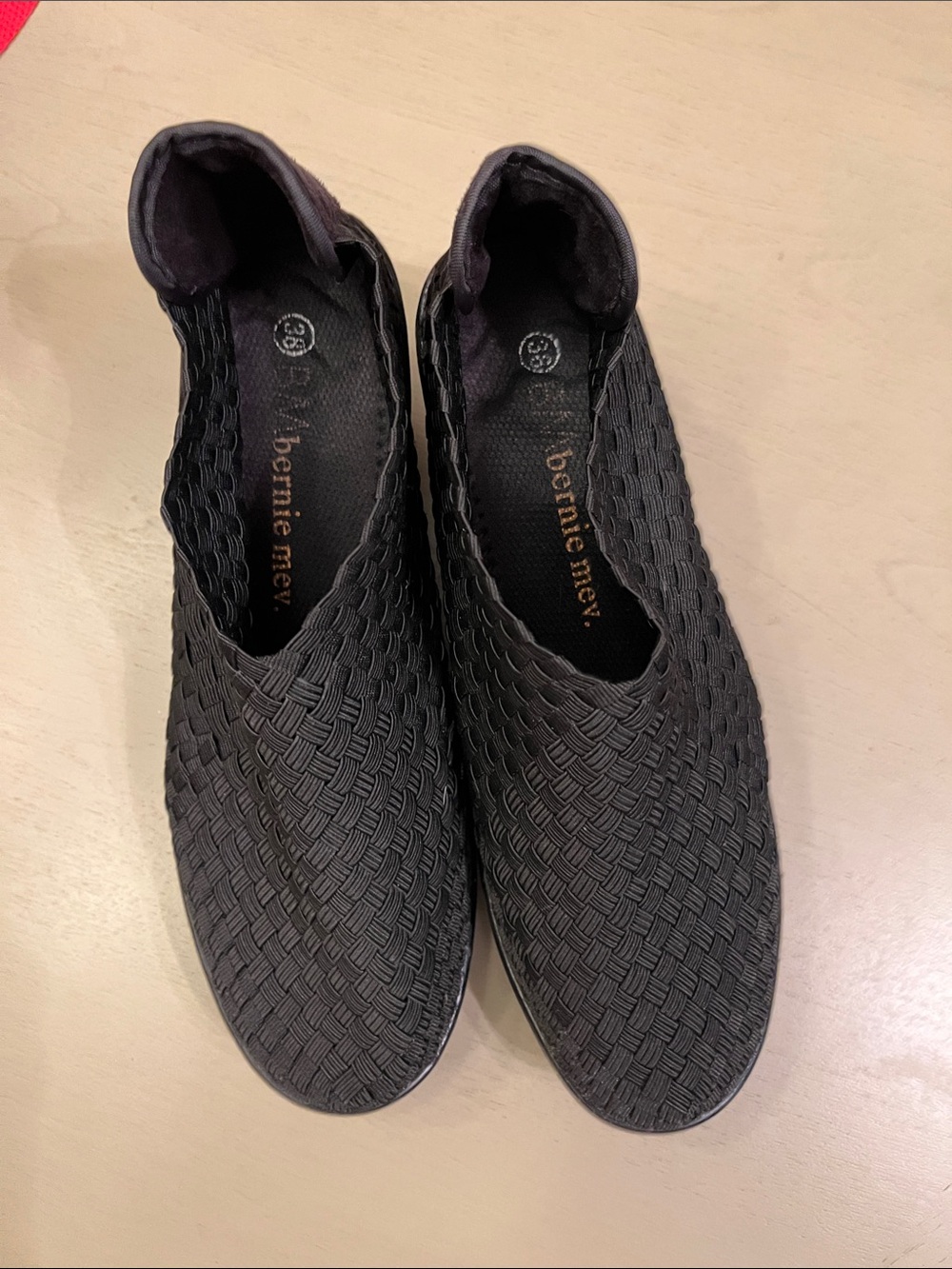 bernie mev. Black Woven Slip-On Loafers - Elastic Knit Upper
